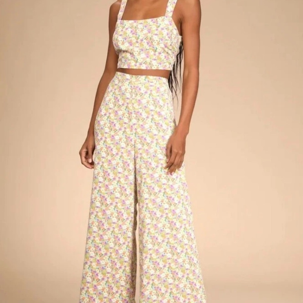 Lulu's Cream and Pink Wide Leg Jumpsuit